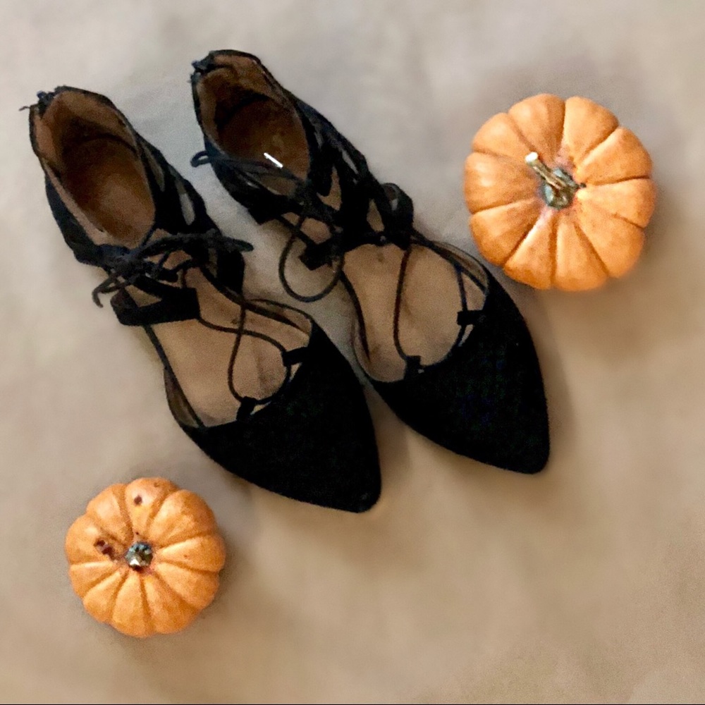 Black lace up ballerina flats with zipper back